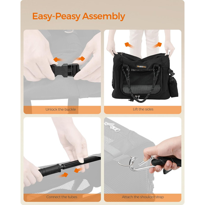 Транспортна сумка Feandrea для собак та котів, складна, чорна, розмір S (до 5,9 кг), з металевим каркасом та повідком