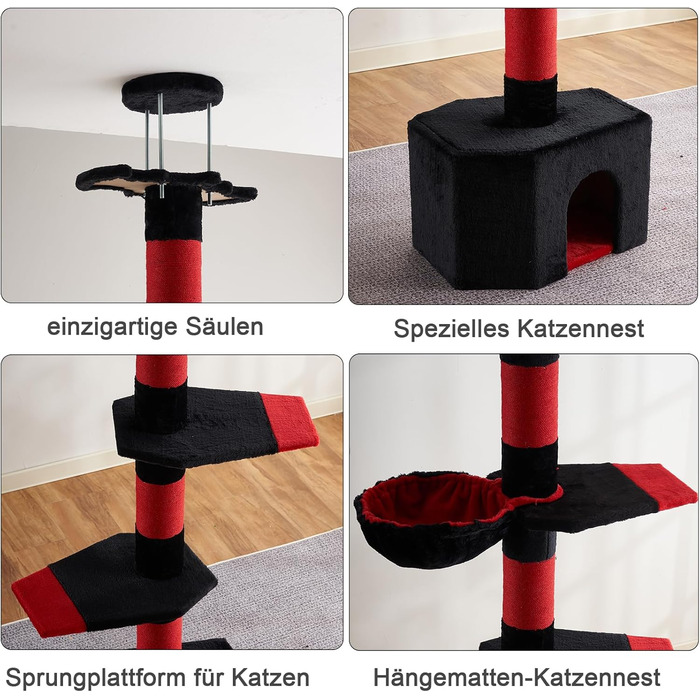 Мекідулу Кігтеточка для котів, 232-280 см, багатоярусна, регульована висота, обмотана чорним оксамитом та червоним сизалем (чорний, червоний)