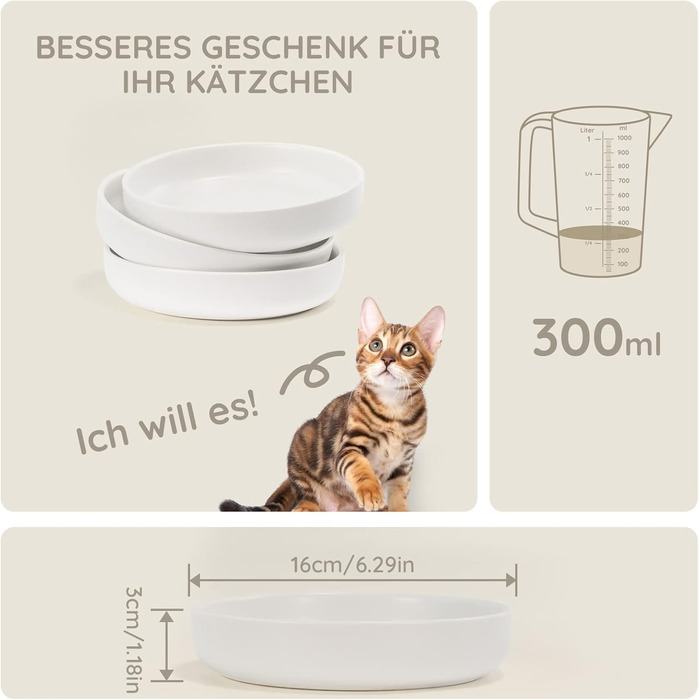 Набори мисок для котів SPUNKYJUNKY 3 шт. з кераміки, 300 мл, білі, круглі