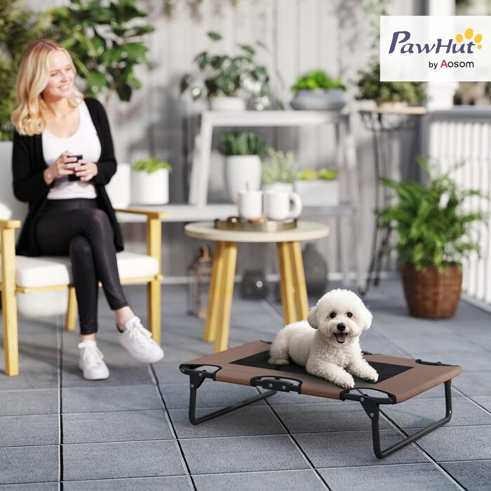 PawHut лежанка для собак на вулицю, піднята лежанка для великих собак, складана лежанка для домашніх тварин з сітчастим сталевим каркасом, лежанка для тварин на вулицю, кемпінг, 107x61x20 см, (Д 75 x Ш 51 x В 18 см, Кофе)