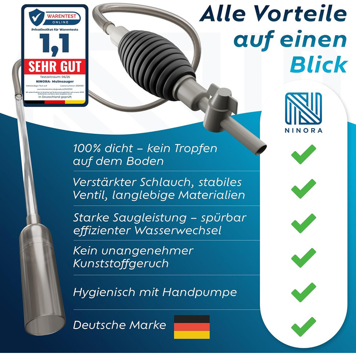 Нінора® Мульмсмукач для акваріума – очищувач ґрунту, заміна води з насосом та шланговим клапаном | Безпечний для риб, без хімії | Для малих та великих акваріумів | Аксесуари для акваріума з електронною книгою