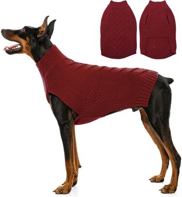 Вовняний пуловер для собак XXXL, теплий, червоний, з в'язаним візерунком, класичний роллінговий комір