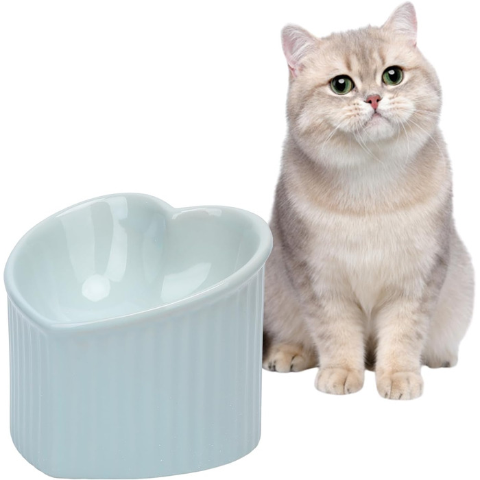 Підвищені миски для котів у формі серця, кераміка, підняті миски для котів, проти блювоти, без стресу, станція для води та корму, придатні для мікрохвильової печі, аксесуари для домашніх тварин для маленьких котів та собак (блакитні)