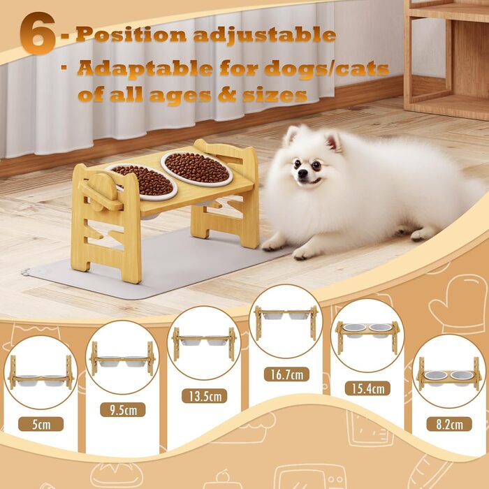 Підвищена годівниця для собак з підставкою, регульована висота, годівниця для маленьких собак та котів, міцна годівниця з бамбука з 2 керамічними мисками та килимком для тварин