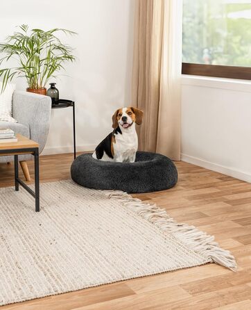 Кругле ліжко для собак та котів Lionto, Ø 80 см, м'яке, плюшеве, з густою наповнювачем, темно-сіре, 80x80x24 см