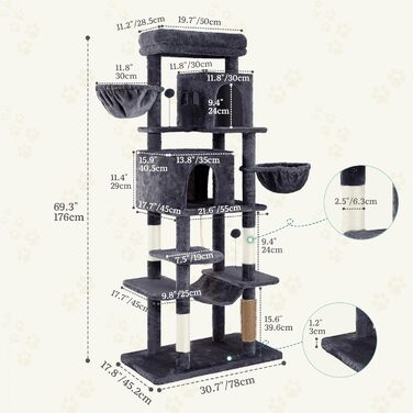 Дерев'яний комплекс для котів YITAHOME з подряпальниками, будиночком та лежаками, 157 см, сірий