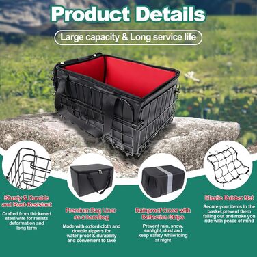 Задній знімний кошик для велосипеда, металевий складний багажник, вантажопідйомність 22 кг, кошик для перевезення тварин та продуктів, з внутрішньою кишенею, універсальний тримач для велосипедів та електровелосипедів