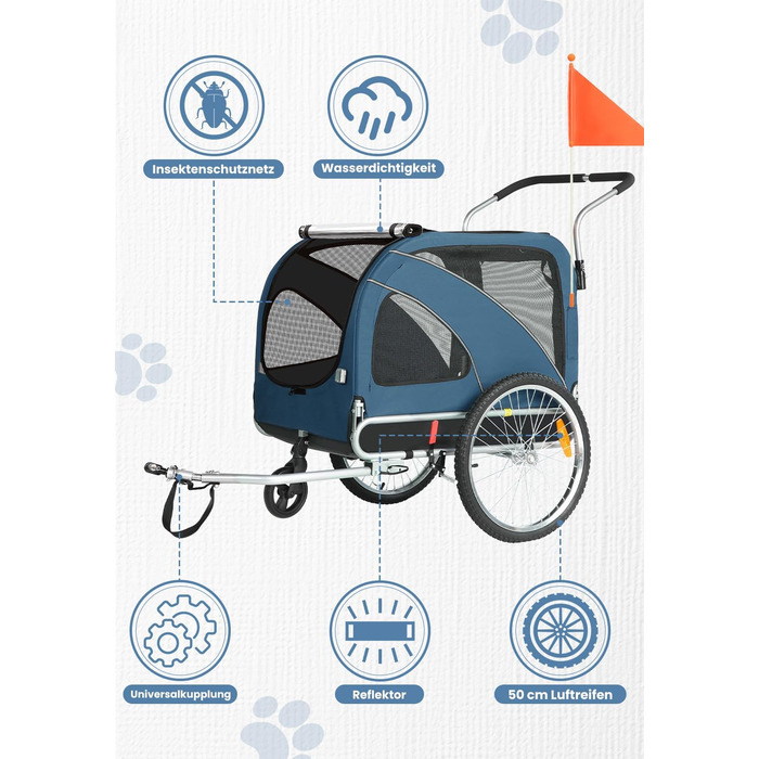 SEPNINE® Причіп для собак XL 2-в-1, велосипедний та візок для собак до 40 кг, складний з гальмами та зчіпним пристроєм, для середніх та великих собак – блакитний