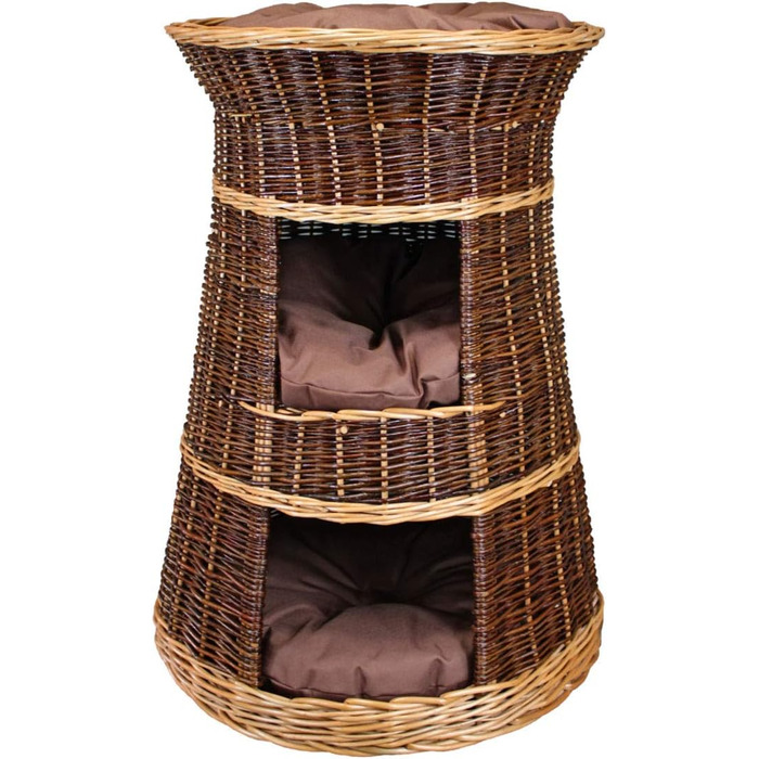 Корзина для котів для сну – котяча хатинка для дому – розмір 43 x 49 x 70 см, кругла – котяча печера з лози, трирівневе ліжко для собак або котів з пральними подушками в бежевому кольорі – лакована корзина (коричневі подушки)