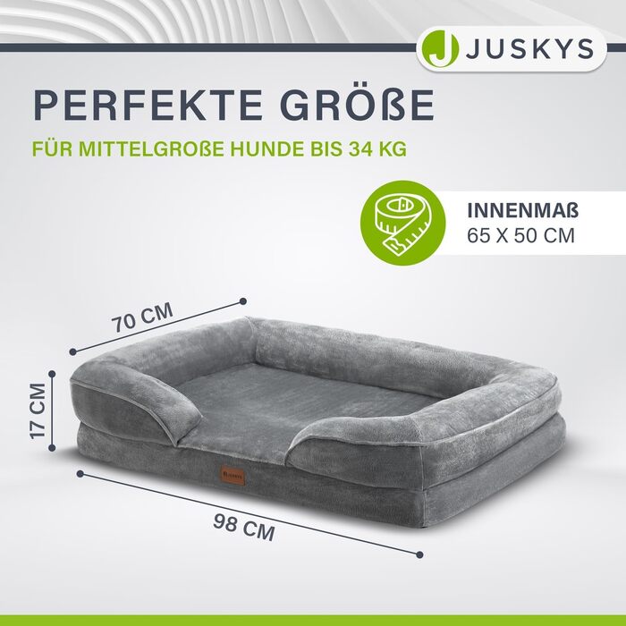Ортопедичне ліжко для собак Juskys Sheena L, м'яке, сіре, 98x70x17 см, знімний чохол, протиковзке, для середніх порід