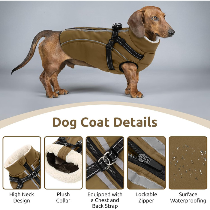 Теплий зимовий одяг для собак: куртка з блискавкою, вітрозахисна, з відбиваючими смугами та нагрудником, коричнева, XL