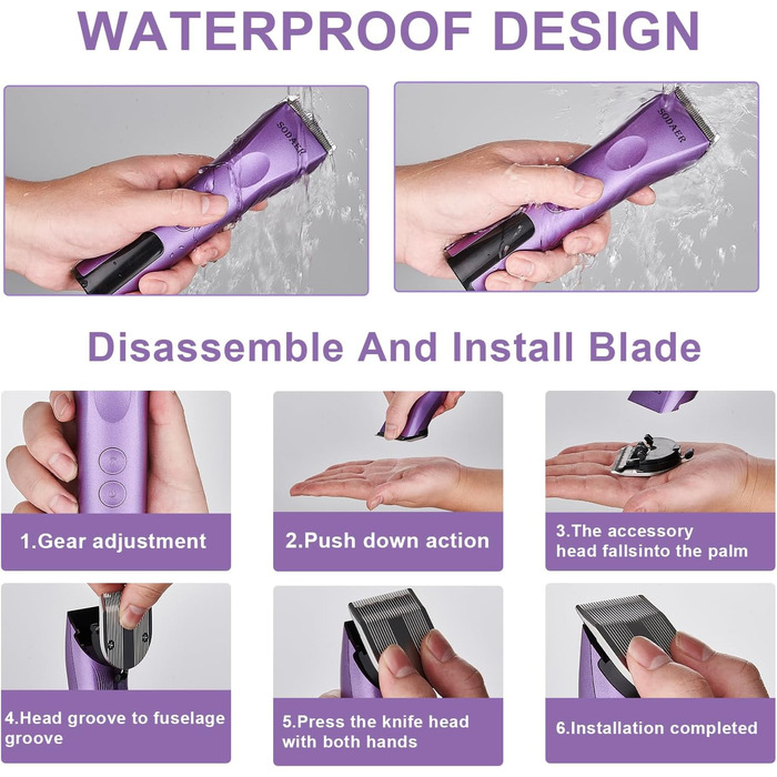 Професійний набір для догляду за шерстю тварин: собаки, коти, коні. Бездротовий, 5-в-1, тихий, потужний, акумуляторний. Для густої шерсті (фіолетовий)