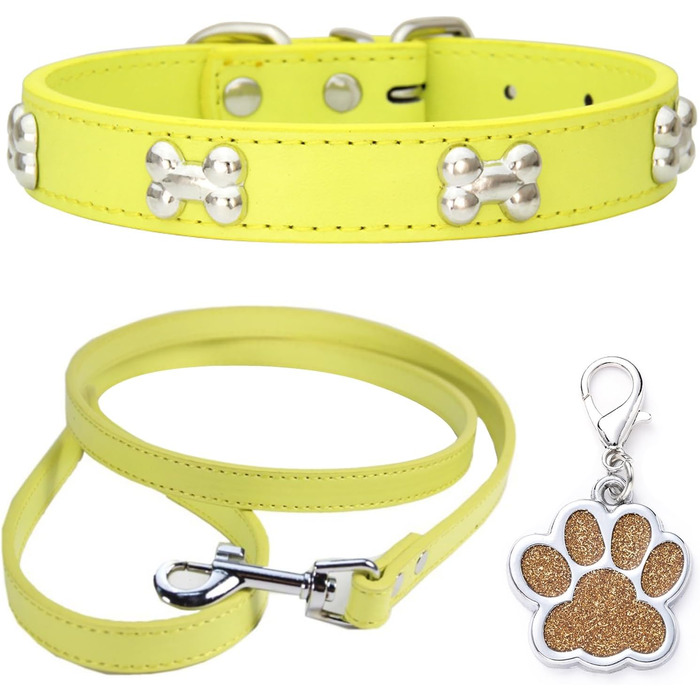 Нашийник для собак HALFSUO з шкіри та поводок Cobo: комплект для маленьких та середніх собак і котів (S, жовтий)