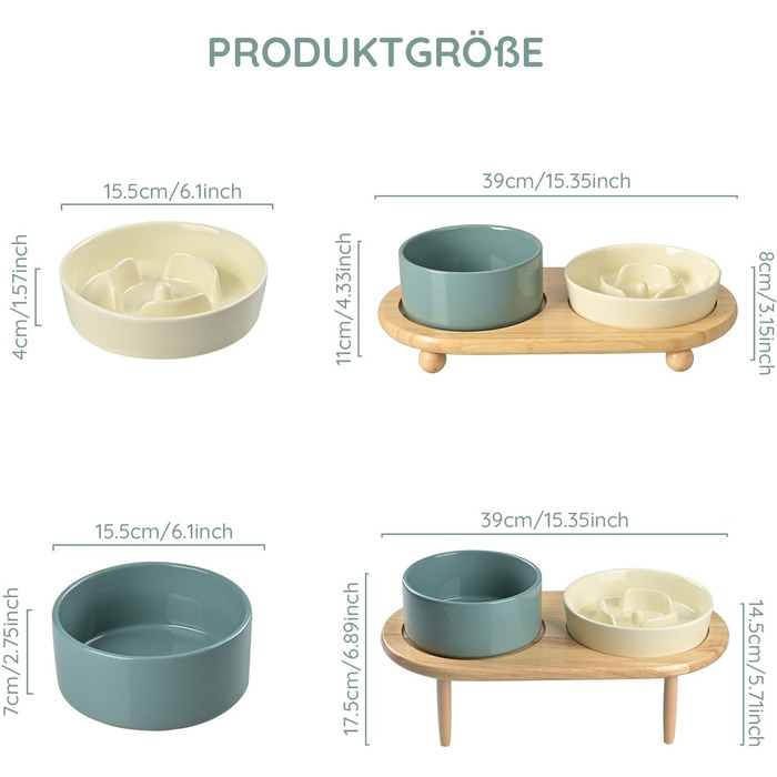 Набір керамічних мисок для собак та котів SpunkyJunky: миска проти запобігання ковтання + підставка з бамбука (Бежевий + Темно-зелений), Ø15.5 см