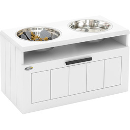 Станція для годування собак PawHut з піднятою мискою, повільною годівницею та 2 мисками з нержавіючої сталі, ящик для зберігання 25л, для великих та екстра-великих собак, білий колір