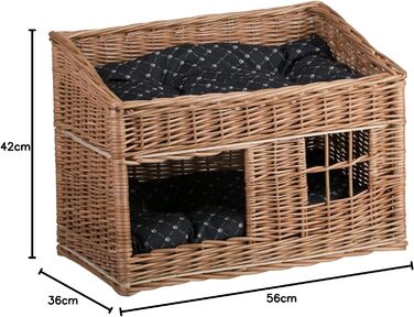 Кішка Будиночок з ротангу прямокутний, двоярусний, з подушкою та вікном (натуральний, чорний)
