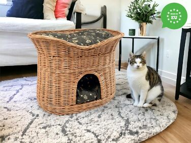 Котячий кошик для сну XL 70 см, двоповерхова хата з лози з подушками, темно-коричневий, натуральний колір, для котів і собак, кімнатний