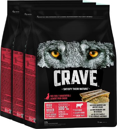Беззерновий сухий корм для дорослих собак CRAVE з яловичиною, преміум-клас, з високим вмістом протеїну, 11,5 кг (набір з 3 пакувань по 2,8 кг та додатково)