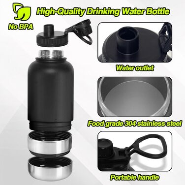 Водяна пляшка для собак на ходу, 950 мл, з мискою для їжі та води, ізольована, нержавіюча сталь, чорна