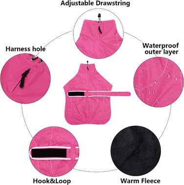 MOREZI Зимовий теплий одяг для собак, куртка для Віппета з флісовою підкладкою, водонепроникна куртка для собак з регульованими ремінцями та світловідбиваючими елементами - Розмір L (довжина спини 61-64 см), Рожевий