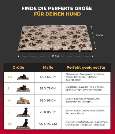 Підстилка для собак XS (45x65 см) – Двостороння та зручна з наповнювачем 3 см – Ідеально для дивану, авто та переноски – Виготовлено в Німеччині (55 x 75 см, Лапка Бежева)