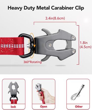 Тактична повідок для собак Joytale, еластична (bungee) повідок з 2 м'якими ручками, автофіксатор, повідок без ривка для собак середніх, великих та екстра-великих порід (1.2м-1.8м, червона)