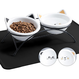 Набір мисок для котів з кераміки з підставкою та силіконовим килимком, 340 мл, нахилені, для котів, кошенят, маленьких собак, білий