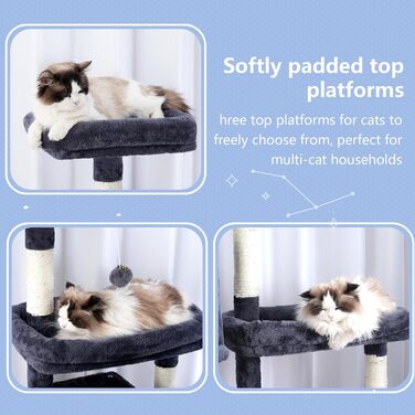 Дерев'яний будиночок для котів Hey-brother з розширеною платформою, широкими полицями, затишними печерами, гамаками, сизалевими стовпчиками та м'ячиком, 178 см, MPJ038W (димно-сірий)