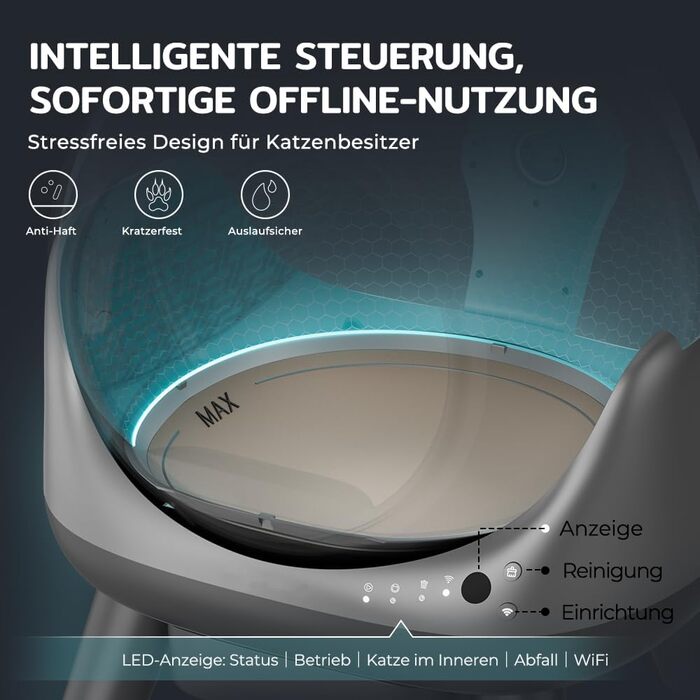 Автоматичний лоток для котів Cura X1: самоочищення, 80+8л, сенсори, контроль через додаток, для кількох котів