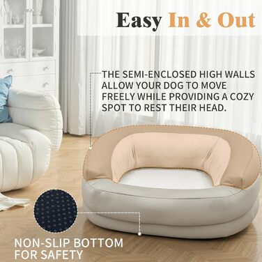 Заспокійливе велике собаче ліжко XXL для великих та середніх собак, 40,6 см глибини, високі бортики, овальне ліжко проти тривоги з підголівником, м'яка піна та бавовна, бежеве/сіре