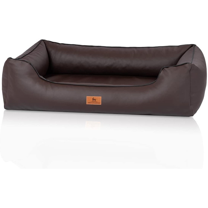 Ортопедичне ліжко для собак Knuffelwuff Montana з штучної шкіри, M-L, 85 x 63 см. Знімний чохол, легко мити. Підходить для великих, середніх та маленьких собак (Колір: Коричневий, Розміри: 85 x 63 x 23 см)