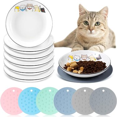 Набір мисок для котів Thenshop (6 шт.) з антиковзними килимками, керамічні миски для їжі та води, для котів, кошенят, цуценят, кроликів та хом'яків, білий, блакитний, світло-блакитний, сірий, зелений, рожевий, світло-сірий (милий стиль)