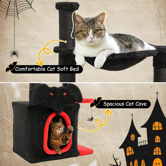 BYBYME Готичний кігтеточка для Хелловіну, 84.5 см, стійкий комплекс для котів з ліжком, будиночком, гамаком, кігтеточками з сизалю, багатофункціональна котяча іграшка (Чорний/Червоний), підлоговий, 96.5 см