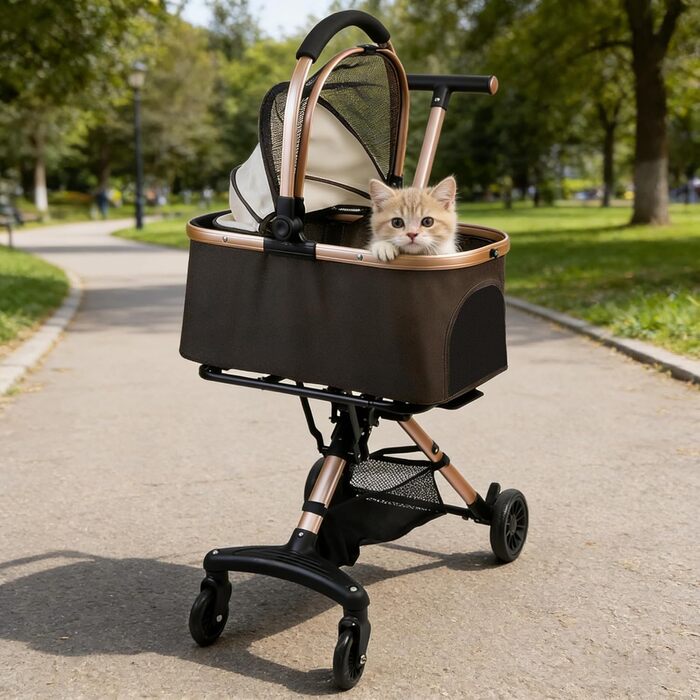 Візок для собак 3 в 1, складаний, для маленьких собак та котів, знімний кошик, візок-стільчик для дітей, сітка, оксфордська тканина, до 20 кг (Темно-зелений) (Кавово-коричневий)