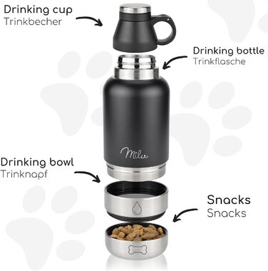 Водяна пляшка для собак Milu 950мл з мискою для їжі - ізольована фляга з нержавіючої сталі, чорна (+гравіювання)