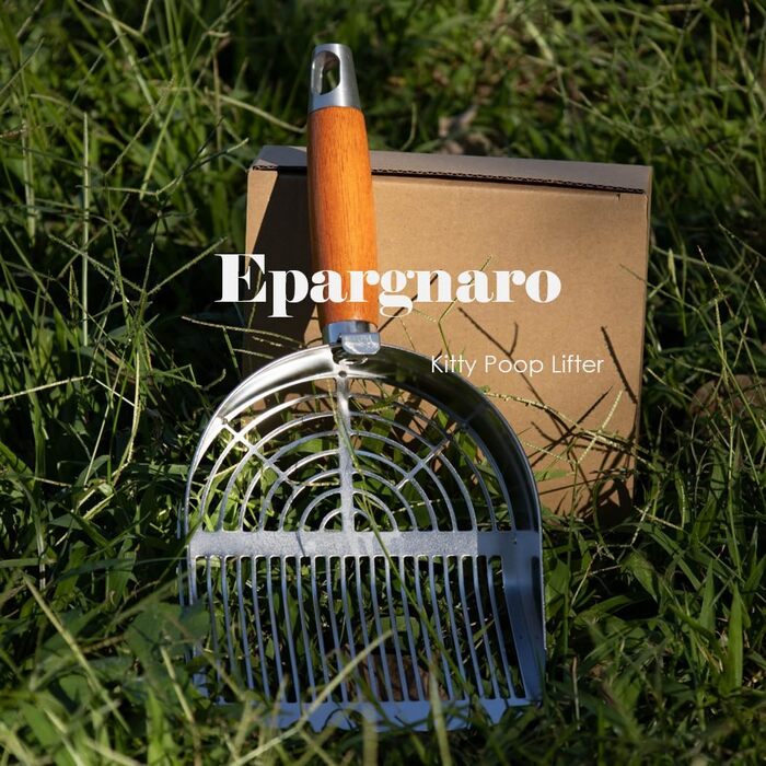 Лопатка для котячого туалету Epargnaro з нержавіючої сталі з підставкою, міцна сита для наповнювача, преміум ручка Annatto, легке очищення, стійка миється