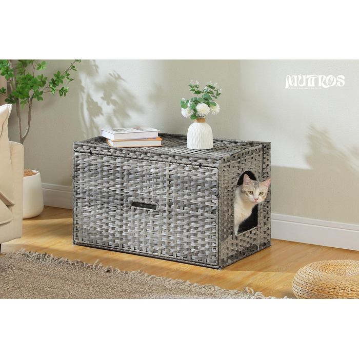 MUTTROS туалет для котів з ротанга, прихований туалет для котів, меблі з ручної плетіння, з високою дверцятами та піднятим бортиком, котячий будиночок-шафка для великих котів, для дому, вітальні, сірий