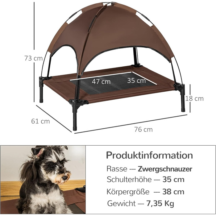 Підвищене собаче ліжко PawHut з балдахіном, лежанка для тварин, лежанка для собак Outdoor з дахом, дихаюча, з тканини Taft для кемпінгу, колір кава/чорний, розмір 76 x 61 x 73 см