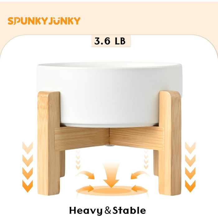 SPUNKYJUNKY Керамічні миски для собак, підняті на дерев'яній підставці, набір 2 шт, великі породи, антиковзкі, для води та корму, білі