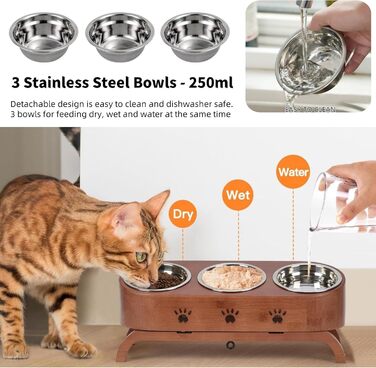 Набір мисок для котів JAZUIHA (3 шт.) з підняттям, ергономічні, 15° нахил, регульована висота, дерев'яний підставник, нержавіюча сталь Ø12 см, темно-коричневий