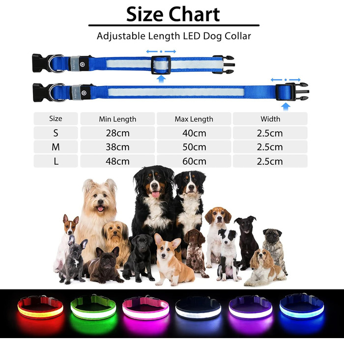 Світлодіодний нашийник для собак Leuchthalsband PcEoTllar, вологостійкий, 7 кольорів, 8 режимів, регульований, для маленьких та великих собак, синій, 28-40 см