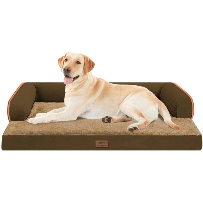 Велике ортопедичне собаче ліжко з водонепроникним покриттям – знімний чохол, Memory Foam – для великих собак, ліжко з валиком для шиї, диван-ліжко, коричневе, розмір 114 x 89 x 20 см
