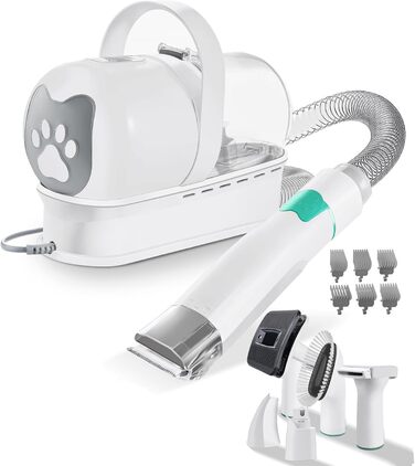 Набір для догляду за шерстю домашніх тварин: пилосос, видалення шерсті, 7-в-1 інструменти + професійна машинка для стрижки. Підходить для всіх пухнастих улюбленців (білий)