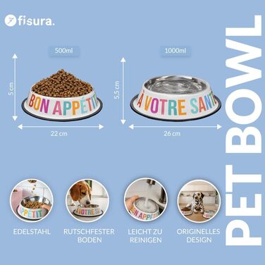 Миски для собак Fisura Dog Bar з нержавіючої сталі, рожеві та червоні, 500 мл + 1000 мл, набір для собак