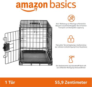 Складана металева клітка для собак Amazon Basics з піддоном, чорна, 56x33x40 см, одні двері