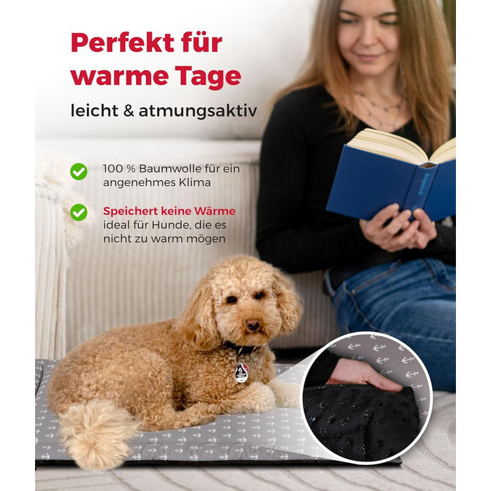 Літня подушка для собак HS-Hundebett® з бавовни з наповнювачем та антиковзаючою основою XS – М'яка подушка для собак на літо – Пральна та довговічна – Легка літня подушка для собак – Виготовлено в Німеччині (Сірий Якір, 40x60 см)