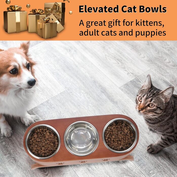 Набір мисок для котів JAZUIHA (3 шт.) з підняттям, ергономічні, 15° нахил, регульована висота, дерев'яний підставник, нержавіюча сталь Ø12 см, темно-коричневий