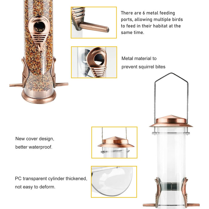 Металева годівниця для птахів з підвісним тросом, 6 відділень, для насіння, антична мідь