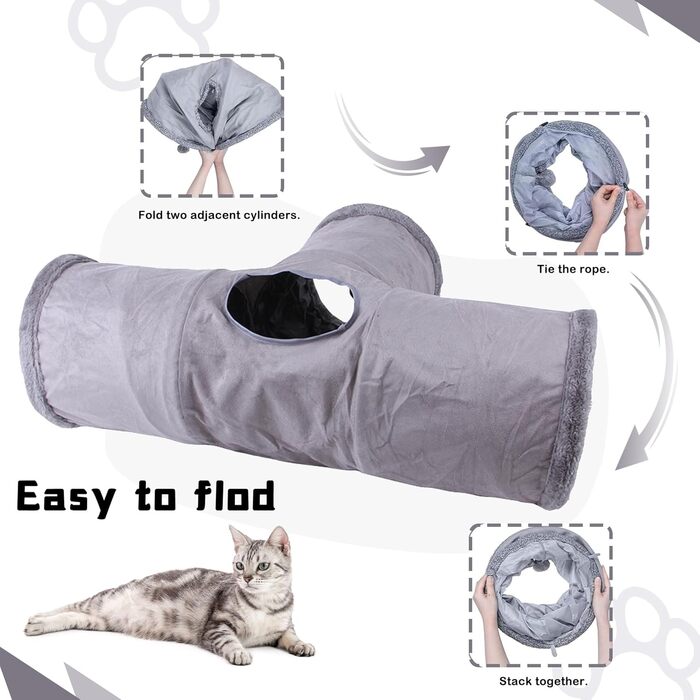 Туннель для котів Mymai з м'яким велюром, інтерактивний шурхотливий тунель з 2 підвісними іграшками, для кроликів та маленьких тварин (Сірий)