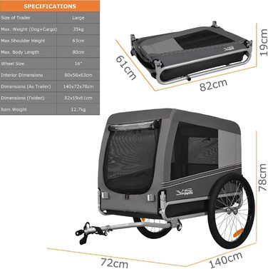 Тігго VS Pets L: Причіп для собак великого розміру, 270л, сірий (80202)